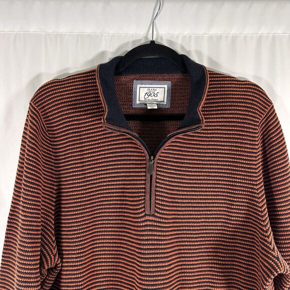 Jos A Bank Sweater Men's XL Orange Blue Striped 1/4 Zip Tailored Fit 100% Cotton - Picture 2 of 6